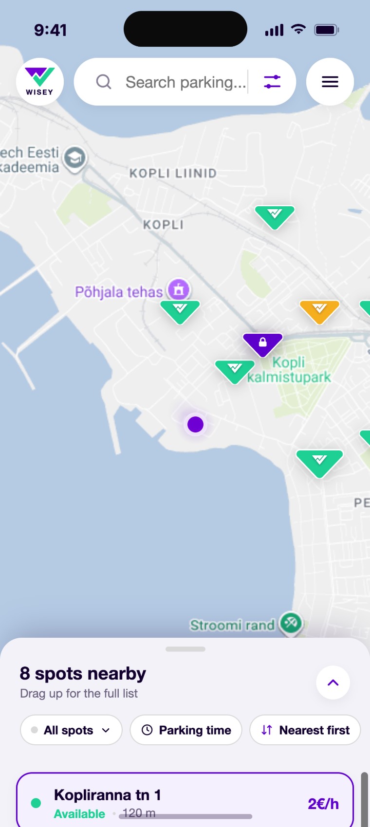 The Wisey app showing eight parking spaces nearby on the map of Tbilisi, with live prices and availability