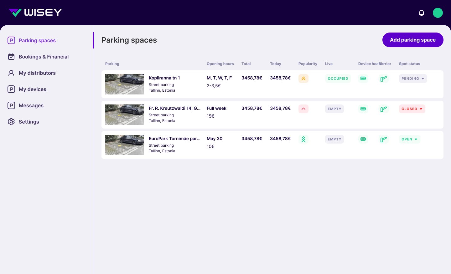 The Wisey platform showing parking spaces with live status, device health and barrier state